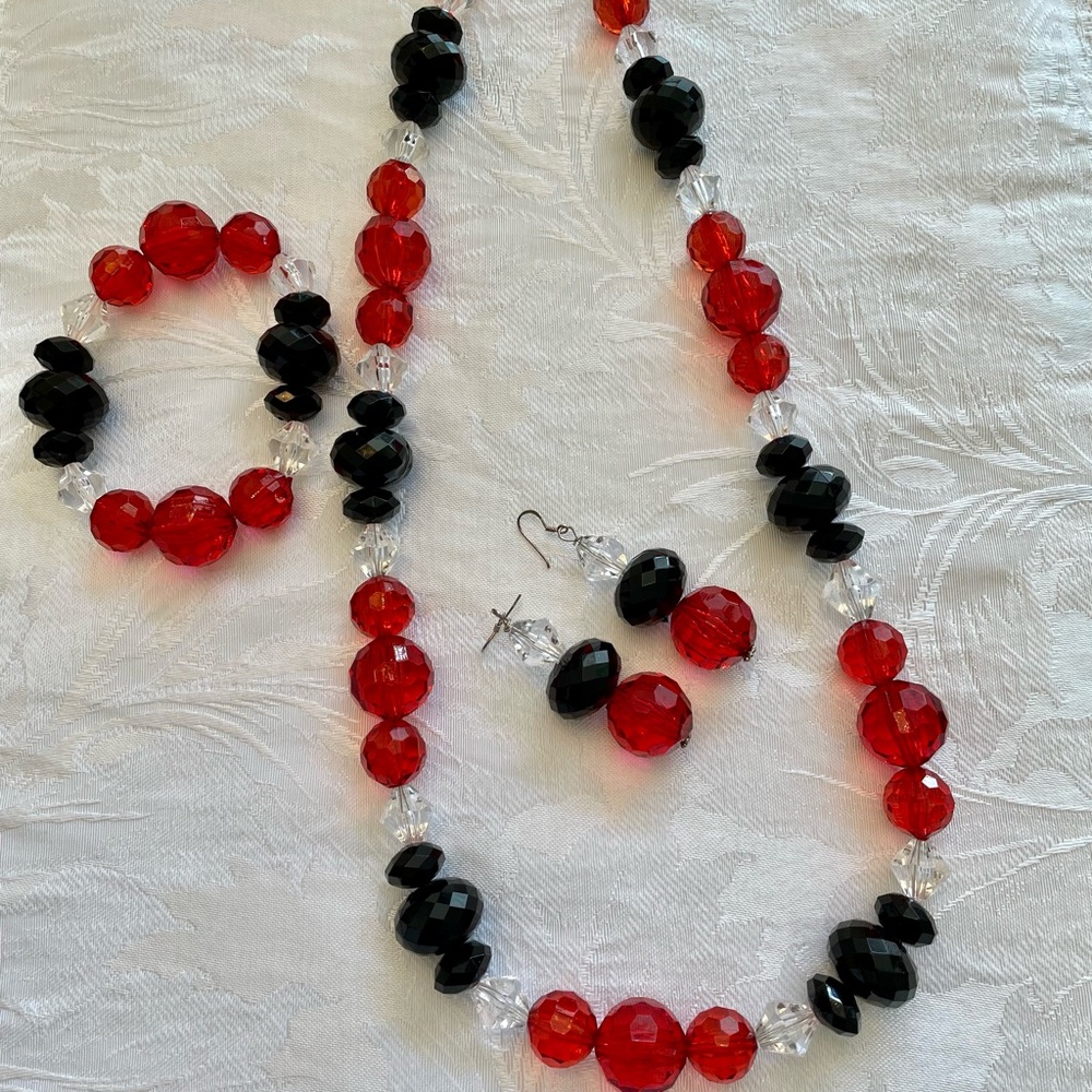 Handcrafted Red, Black, Clear Large Beads , Necklace, Bracelet, and Earrings